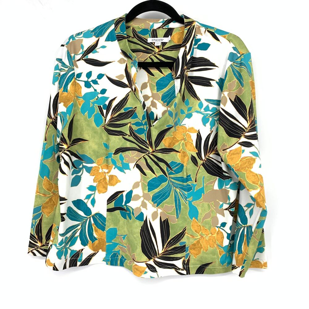 Chicos Split Neck Stretch Blouse Womens Size 2 US L Multicolor Floral Palm Print